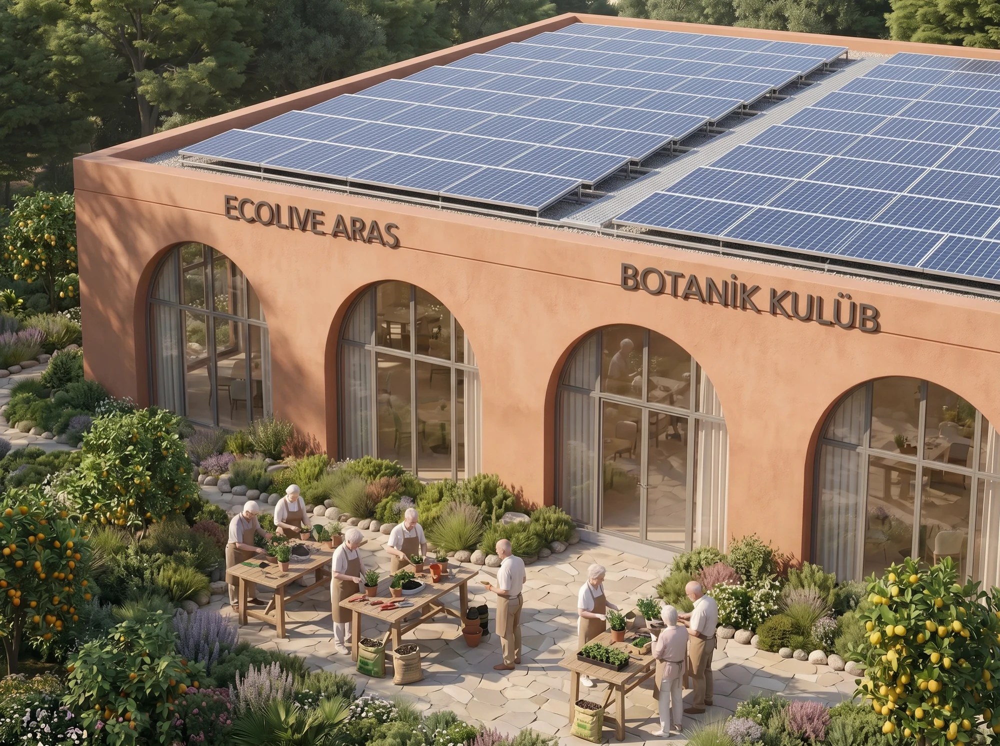 Botanik kulübünün narenciye ağaçları arasındaki açık atölyesinde bitkilerle çalışan bireylerin konsept görselleştirmesi.
