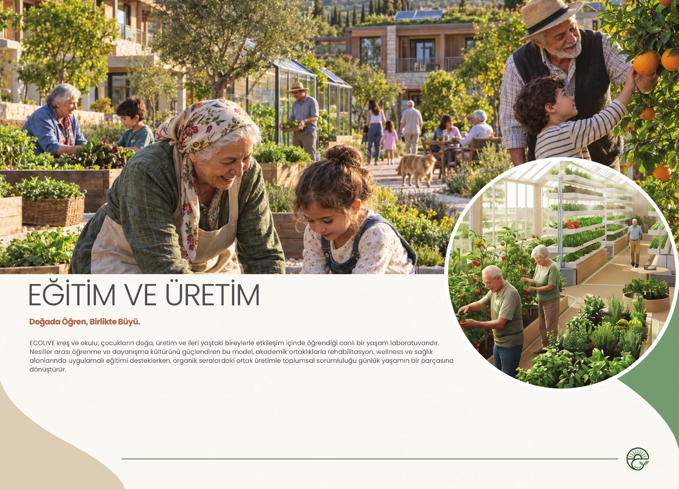 Bahçede birlikte öğrenen çocuklar ve ileri yaştaki bireyler